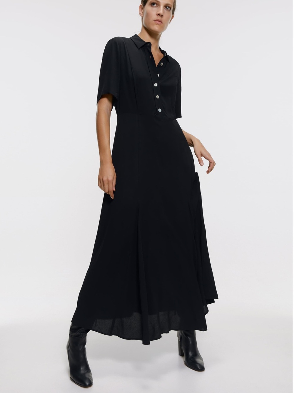 Zara Black Collared Button-Front Maxi Dress